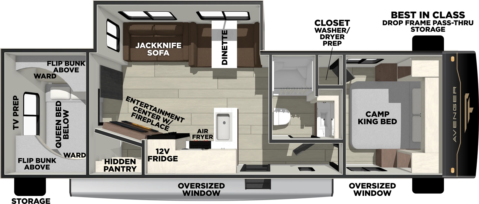 The Avenger 28QBS floorplan has one entry and one slide out. Exterior features include: metal exterior. Interiors features include: bunk beds and front bedroom.